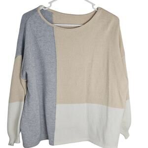 White Grey Tan Colorblock Knit Sweater Boxy Oversize Women Size S Bubble Sleeve